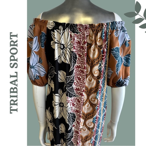 Tribal Dress Bubble Sleeves Flowy Fit Tropic Print Cover-Up Pop Over Crew
Neck - Picture 8 of 9